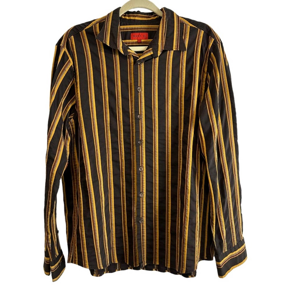Maxx H. Brown and Yellow Striped Collared Button Down Long Sleeve Shirt Size XL